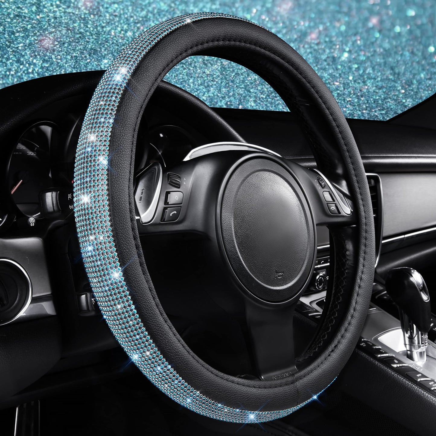 CAR PASS Mint Diamond Black Leather Steering Wheel Cover, Bling Blue Crystal Rhinestones Universal Fit 14"1/2-15" Crystal Glitter for Women Sparkle Girl Fit Suvs,Vans,Sedans,Cars,Trucks, Mint Diamond