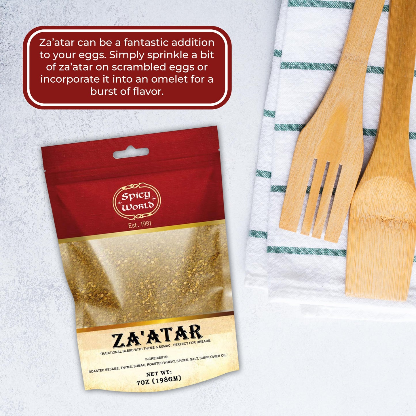 Spicy World Zaatar 7 Ounce LARGE Bag | Traditional Middle Eastern Zatar Spice Blend with Thyme & Sumac | Zaatar Seasoning