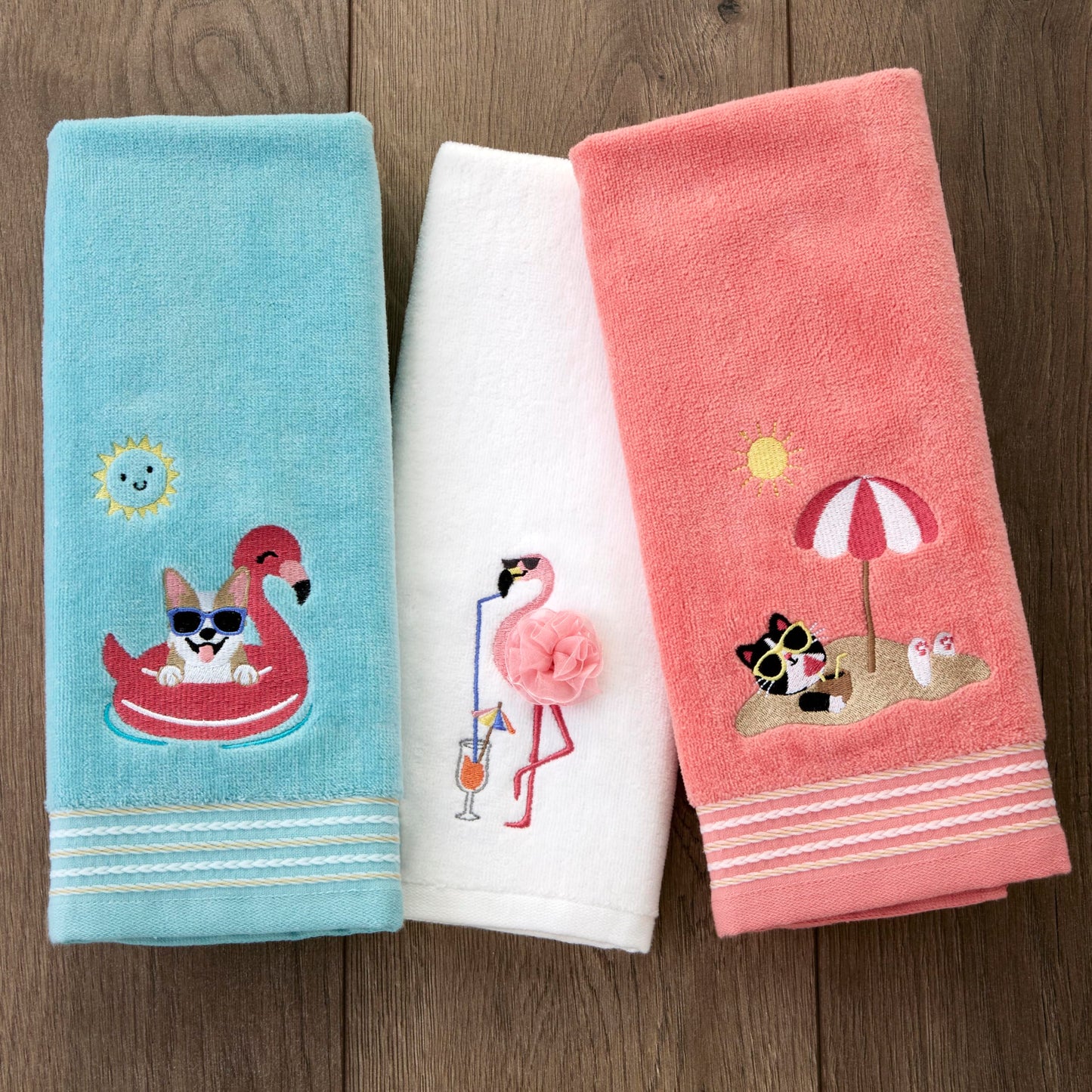 SKL Home Buried Cat Hand Towel 2pc Set for Bath/Kitchen/Bar & Gift, Coral Pink