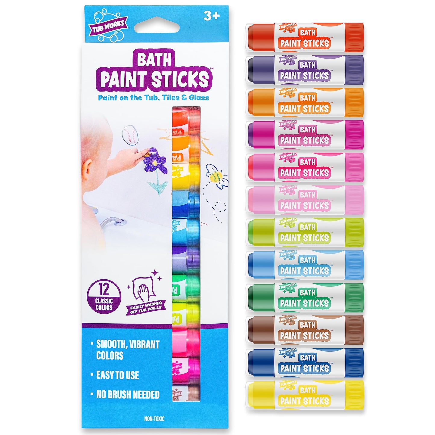 Tub Works® Bath Paint Sticks™ Bath Toy, 12 Count | Nontoxic, Washable Bathtub Paint for Kids & Toddlers | Twistable Sticks Draw Smoothly on Tub Walls | Smooth, Vibrant Alternative to Bath Crayons