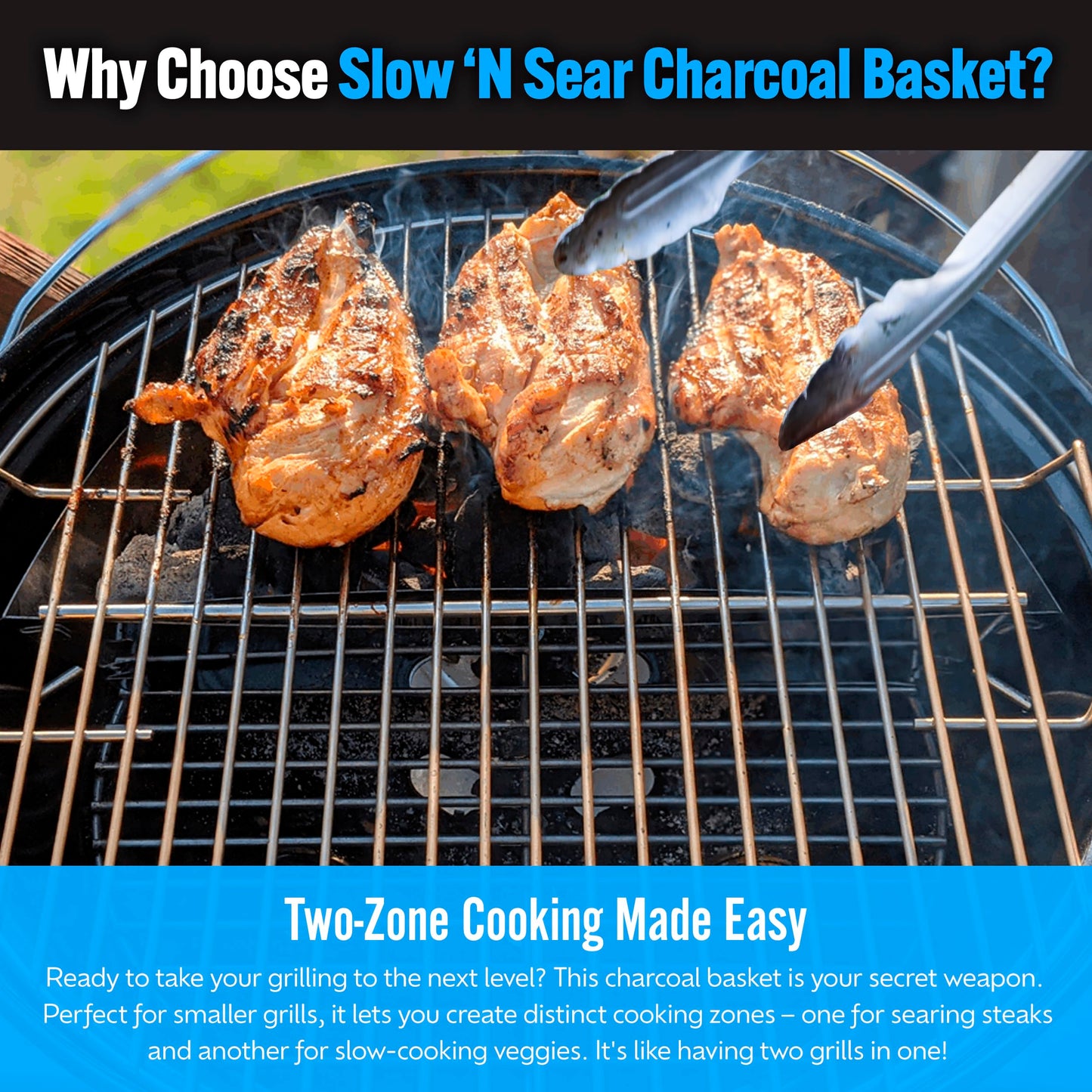 SnS Grills Slow ‘N Sear Charcoal Inserts for Low ‘N Slow & High-Heat Cooking - Patented Stainless Steel Accessories for Kettle Grills - Charcoal Basket 18"