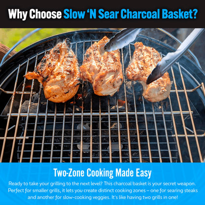 SnS Grills Slow ‘N Sear Charcoal Inserts for Low ‘N Slow & High-Heat Cooking - Patented Stainless Steel Accessories for Kettle Grills - Charcoal Basket 18"