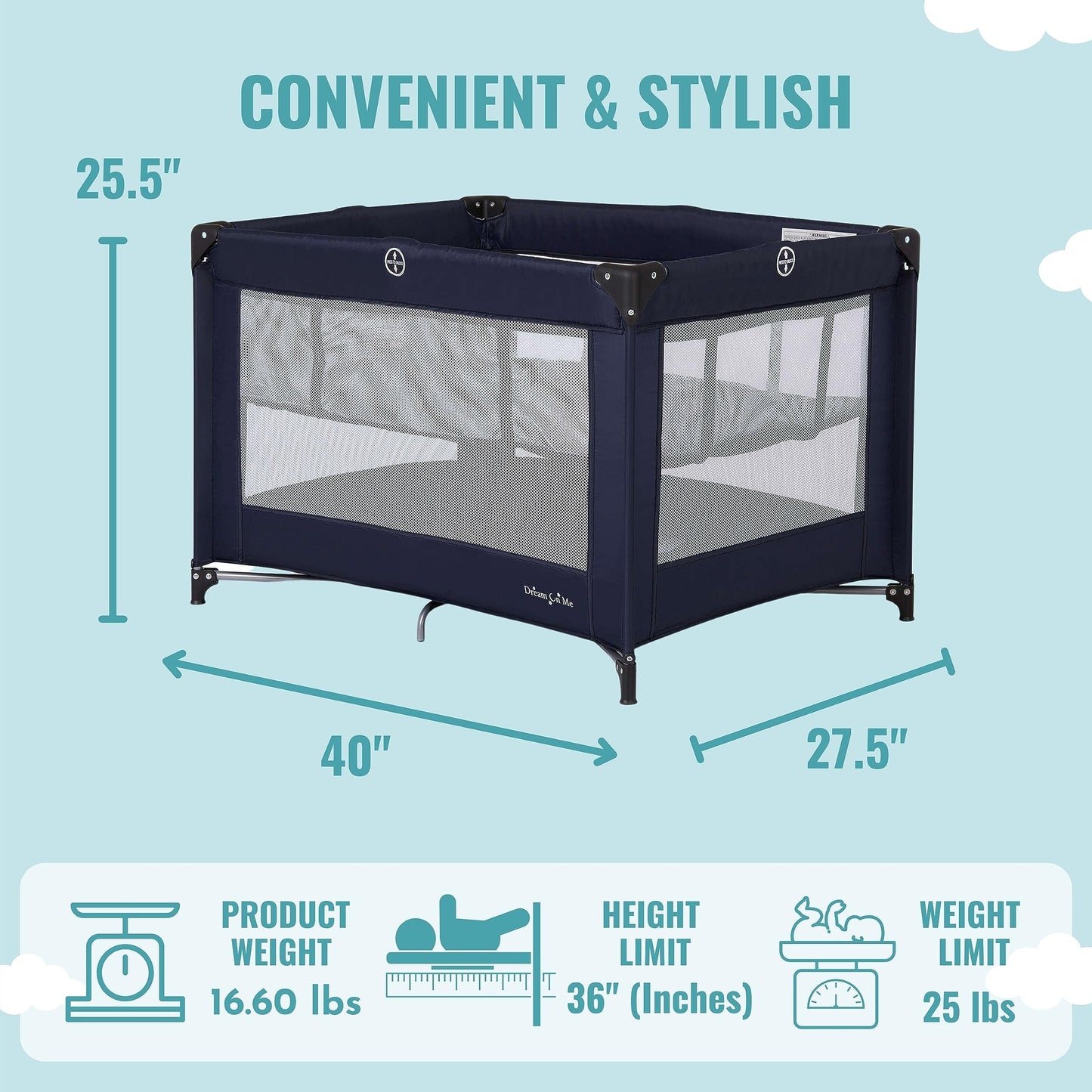 Dream On Me Zazzy Portable Playard with Bassinet in Navy, Packable and Easy Setup Baby Playard, Lightweight and Portable Playard for Baby with Mattress and Travel Bag