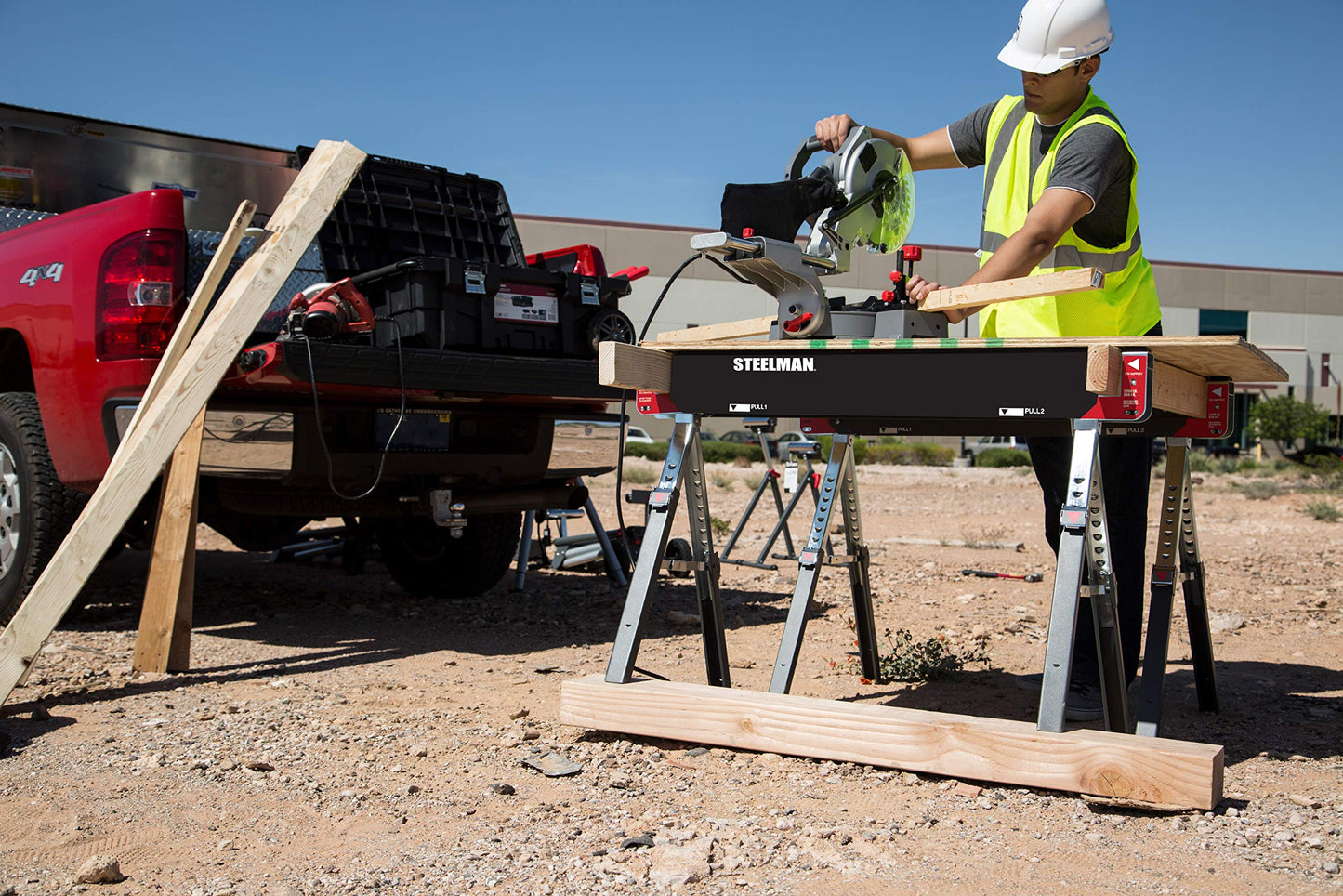 Steelman Adjustable Height Work Table Folding Sawhorses, Set of Two, Durable Steel Construction, Folding Legs, 2x4 Table Support Arms, 2,600 lb. Combined Loading Capacity