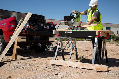 Steelman Adjustable Height Work Table Folding Sawhorses, Set of Two, Durable Steel Construction, Folding Legs, 2x4 Table Support Arms, 2,600 lb. Combined Loading Capacity