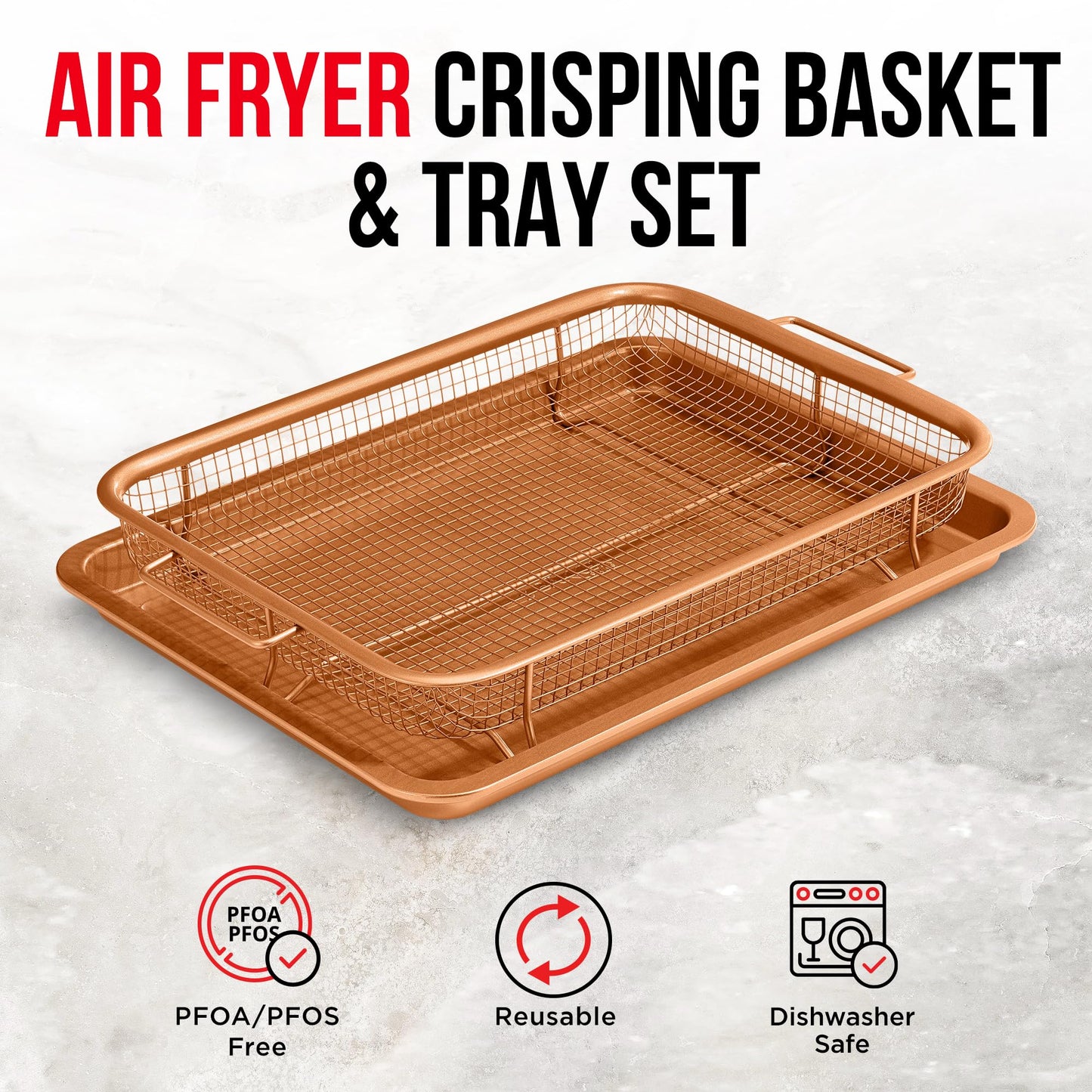 Bakken- Swiss Air Fryer Tray Basket w/Elevated Mesh Great For Oven, For Baking & Crispy Foods, Dishwasher Safe,PTFE/PFOA/PFOS FREE Extra-large 9.5/''x13/'',Copper