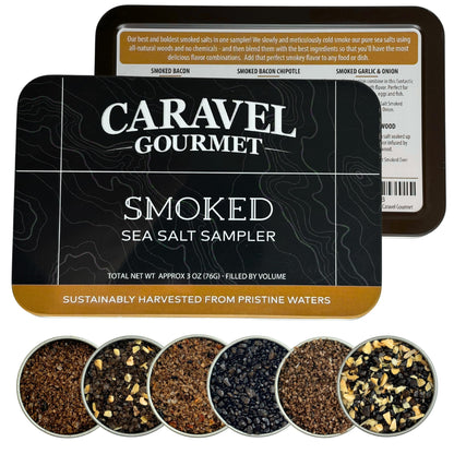 Smoked Sea Salt Sampler Set, Alderwood, Cherrywood, Bacon and Garlic Smoked Salts, Gourmet Cooking Gift, 0.5 oz x Bundle of 6 Flavored Salts - Caravel Gourmet Salt