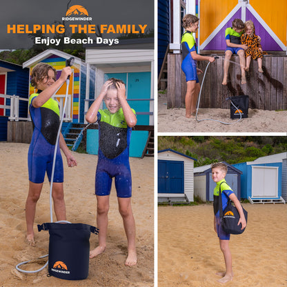 Ridgewinder Portable Shower for Camping with Dry Bag - Camp Shower with Rechargeable Battery and Included 10L Dry Bag for Water Storage. Complete Camping Shower in a Bag (+Sprayer Attachment).