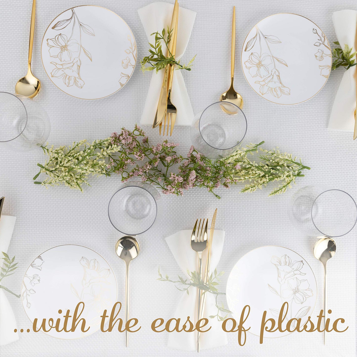 [6'' Plates 40 Count] White Plastic Floral Design Party Plates With Gold Rim Premium heavyweight Elegant Disposable Tableware Dishes