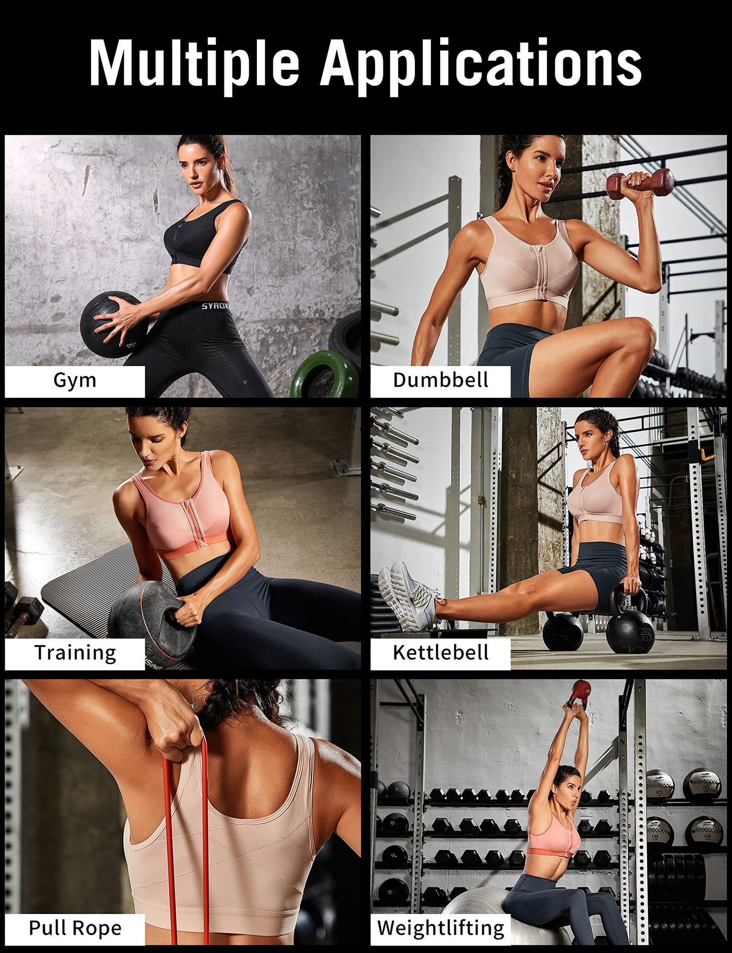 SYROKAN Women's Zip Front High Impact Wireless Racerback High Support Zipper in Front Sports Bra White 36D