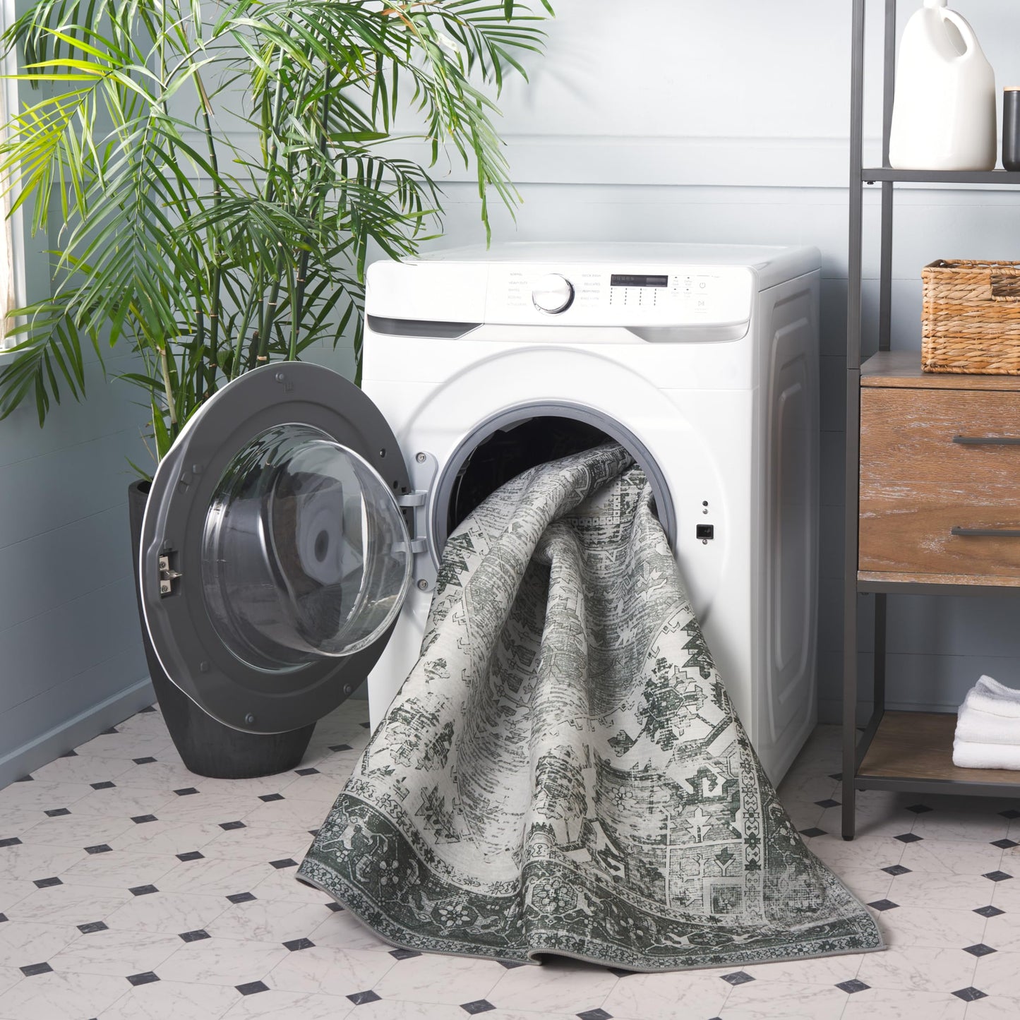 SAFAVIEH Tucson Collection Area Rug - 10' Square, Dark Sage/Ivory, Geometric Design, Machine Washable Indoor/Outdoor & Washable-Ideal for Patio, Backyard, Mudroom (TSN102F)