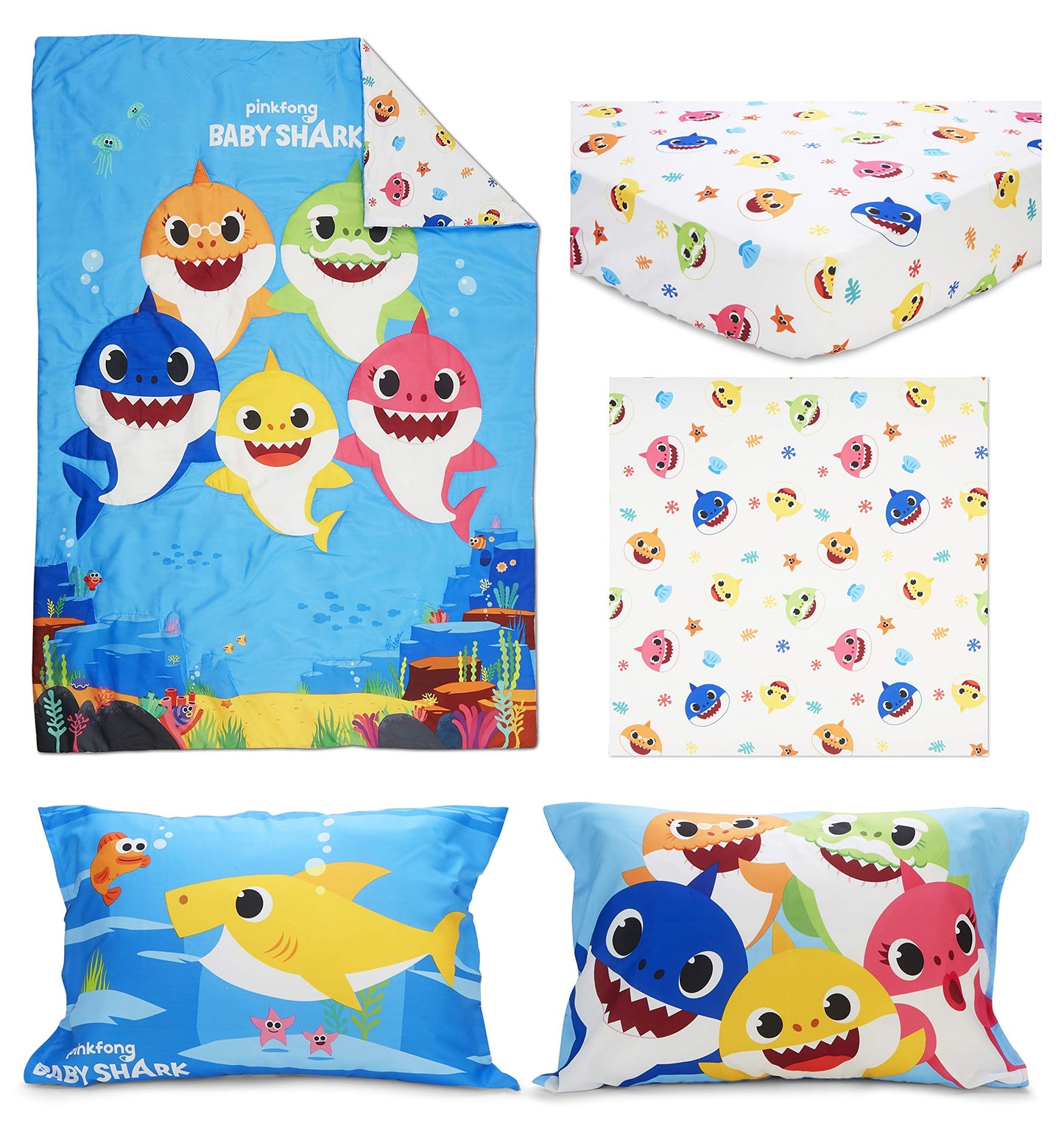 Baby Shark 4-Piece Toddler Bed Set including Super Soft Matching Sheets Set, Pillowcase, and Reversable Comforter For Boys and Girls - (Offical Product)