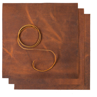 Wanderings Leather Sheets for Crafts – 3 Sheets (12x12") + Leather Cord (36") - Genuine Full Grain Buffalo Leather Squares - Great for Jewelry, Leather Wallets, Leatherworking Arts and Crafts
