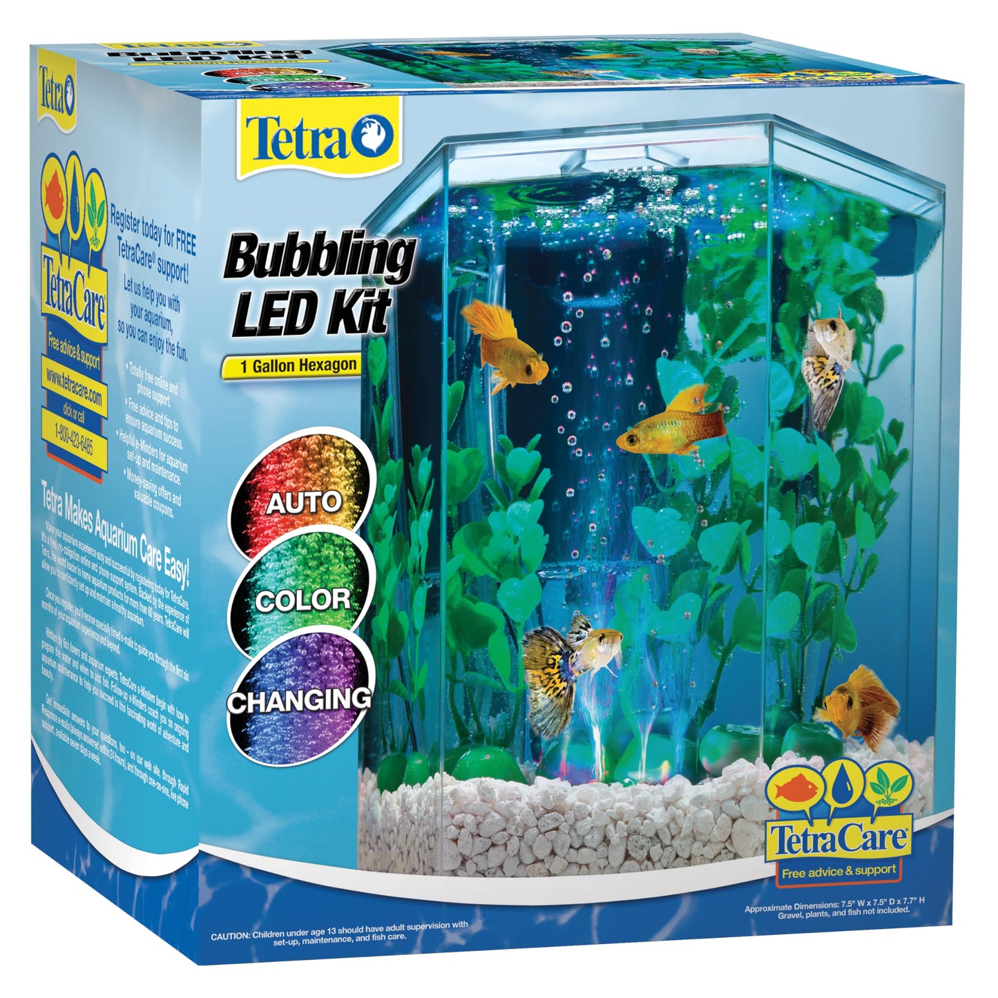 Tetra Bubbling LED Aquarium Kit 1 Gallon, Hexagon Shape, With Color-Changing Light Disc