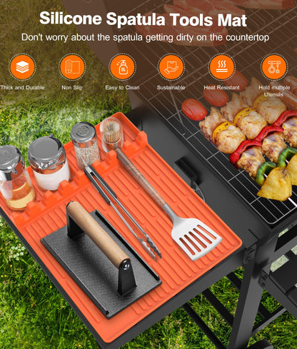Silicone Griddle Tools Mat for Blackstone - Large Silicone Spatula Mat with Drip Pad - Griddle Mats BBQ Grill Accessories - Side Shelf Mats Grill Pad for Blackstone Griddles Accessories (Orange)
