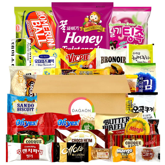 Dagaon Favorite Korean Snack Box 30 Count - Appetizing Gift and Care Package for any occasions and everyone. Variety of Korean Treats Including Top Picked Chips, Biscuits, Cookies, Pies, Candies.