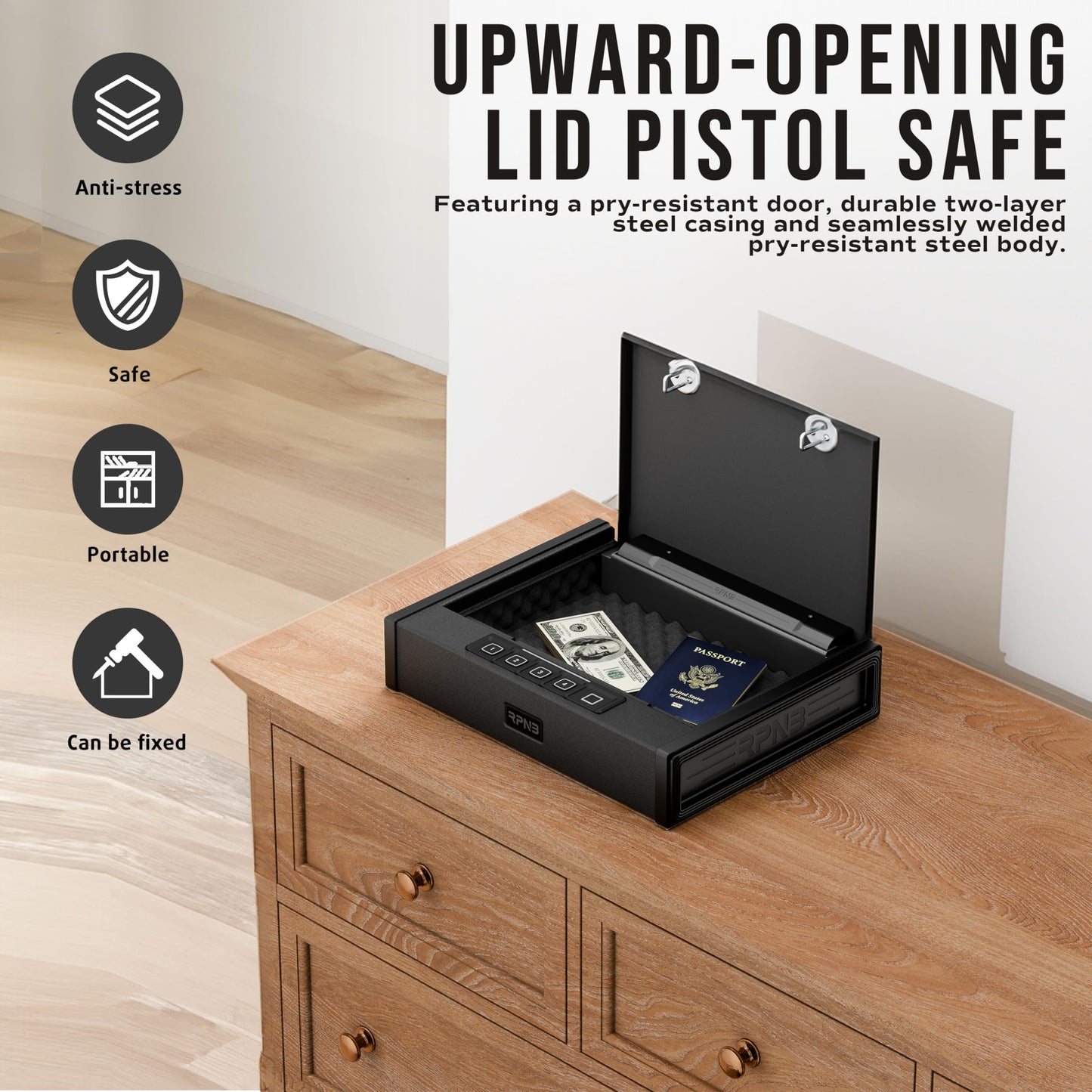 RPNB Gun Safe for Handgun, Pistol Safe with Fingerprint and Digital Keypad, Quick Access Biometric Handgun Safes for Home Nightstand Bedside, Gun Lock Box for 2 Pistols and More
