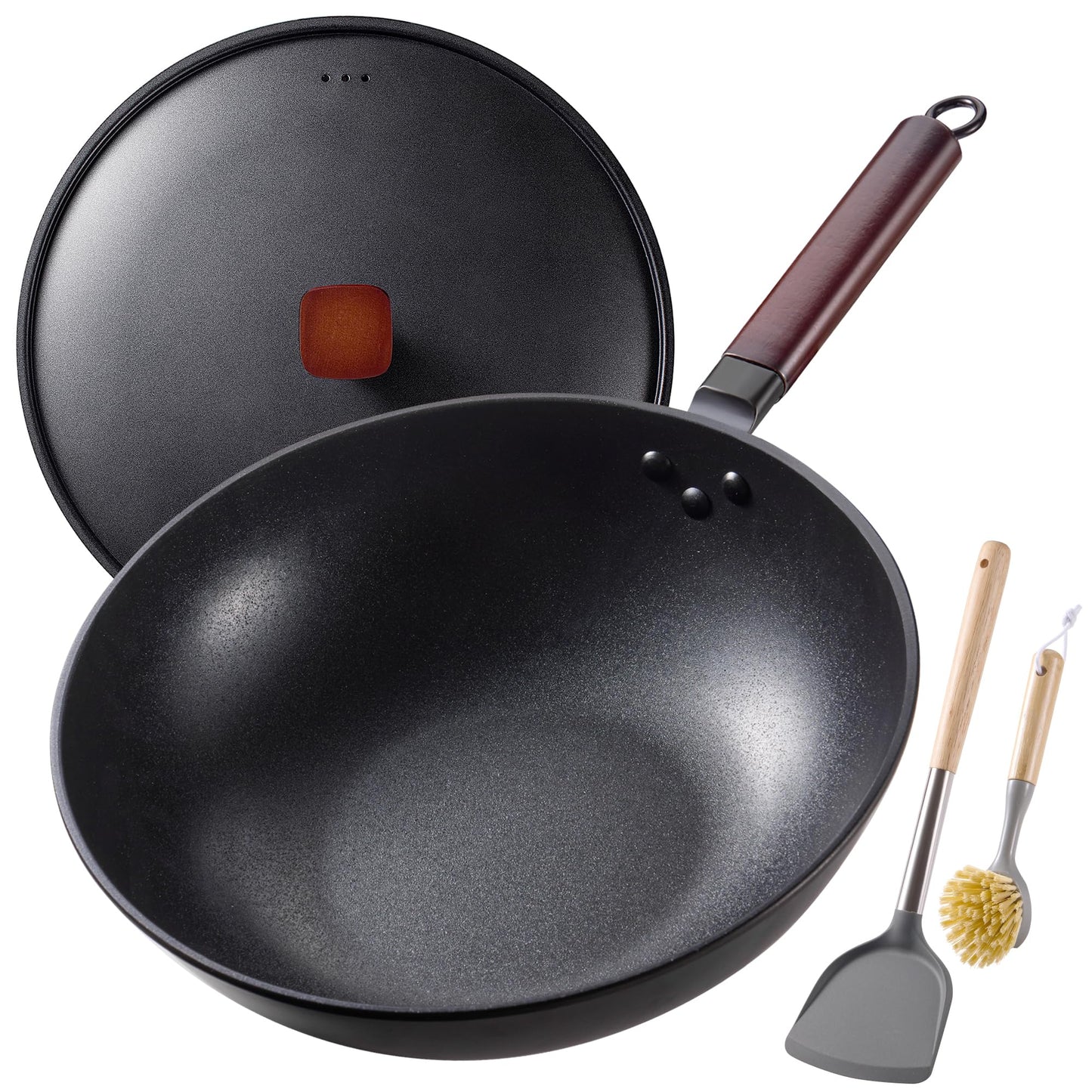Teewe Carbon Steel Wok -13 Inch Woks & Stir-fry Pans Nonstick, Wok Pan with Lid Spatula and Dish Brush: Pre-Seasoned Flat Bottom Chinese Woks for Induction, Electric, Gas, All Stoves