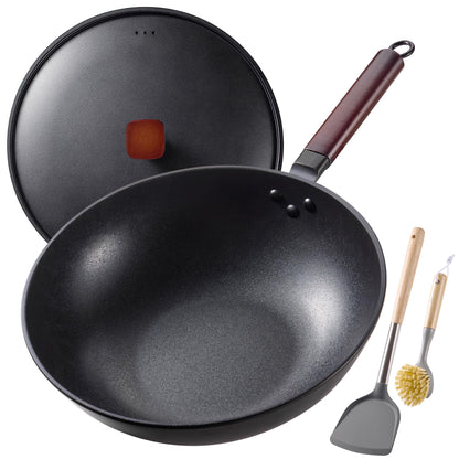 Teewe Carbon Steel Wok -13 Inch Woks & Stir-fry Pans Nonstick, Wok Pan with Lid Spatula and Dish Brush: Pre-Seasoned Flat Bottom Chinese Woks for Induction, Electric, Gas, All Stoves
