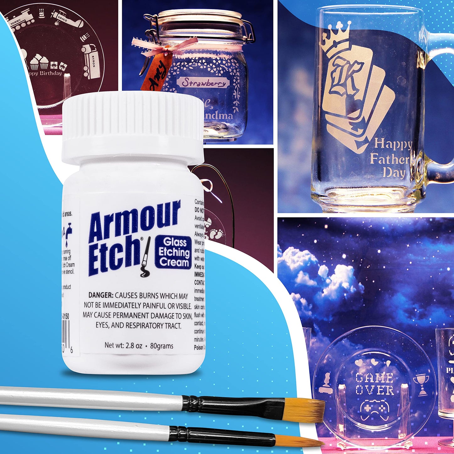 Armour Etch Glass Etching Cream - Starter 2.8oz Size - Bundled with Moshify Application Brushes
