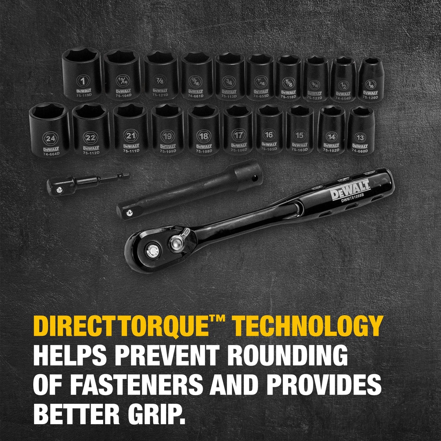 DEWALT Impact Socket Set with Ratchet, Metric/SAE, 1/2" Drive, 23-Piece Set with Case (DWMT74739)﻿ ﻿