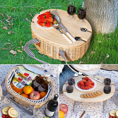 STBoo Picnic Basket for 4, Insulated Wicker Hamper with Folding Table, Willow Picnic Baskets Set with Large Insulated Cooler Bag for Camping Outdoor (Stripe)