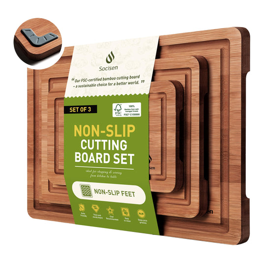 3 Packs Bamboo Cutting Board Set with Non Slip Feet and Over Sink Nice Solid Thick Wood Juice Groove Chopping Board Extra Large Big Small Best Hardwood Kitchen Counter Organic Vegetable