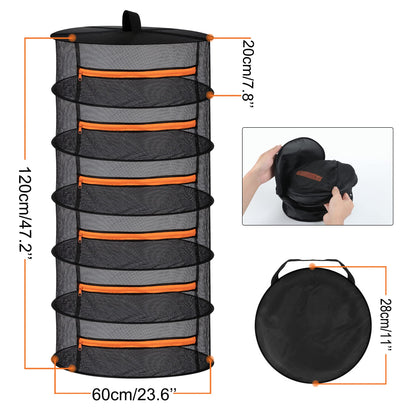 Desy & Feeci Herb Drying Rack-2ft Diameter 6 Layer Folding Mesh Hanging Basket Dryer Net with Zippers for Seeds Flowers Buds Plants Garden Outdoor Bumper Harvest(D24xH47 inch)