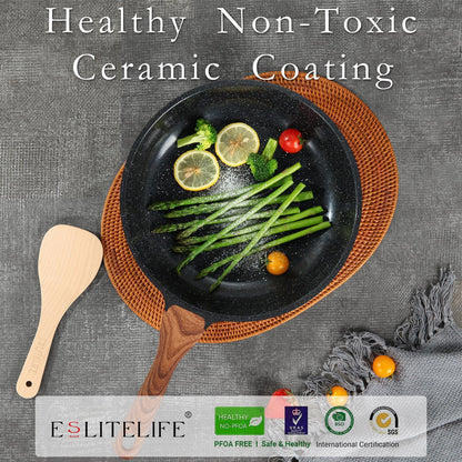 ESLITE LIFE Nonstick Ceramic Frying Pan Skillet, Non-Toxic Egg Omelette Kitchen Cooking Pans Compatible with All Stovetops (Gas, Electric & Induction), PTFE & PFOA Free (Black, 8'')