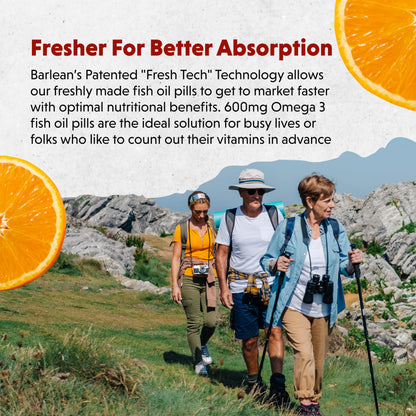 Barlean's Omega 3 Fish Oil Supplements, Supplement Softgels for Men and Women, 600mg EPA and DHA Fatty Acids, Orange Flavored, 100 Count