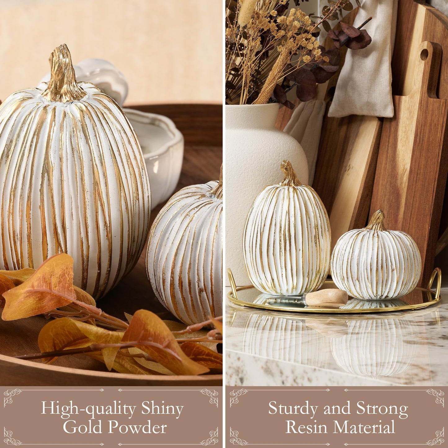 DN DECONATION White and Gold Fall Pumpkin Decorations Thanksgiving Table Centerpieces, 2 Pcs Artificial Luxury Resin Pumpkins Figurines for Decorating, Autumn Harvest Fall Home Decor Shelf Mantel