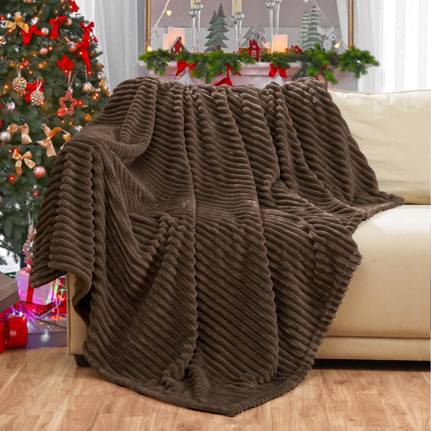 Bnuitland Brown Flannel Throw (50X70 inches) with Storage Pouch,300GSM Super Soft Fleece Stripe Pattern Sofa Blanket for Adults and Kids, Lightweight Cozy Bed Throw for Home Decor All Season