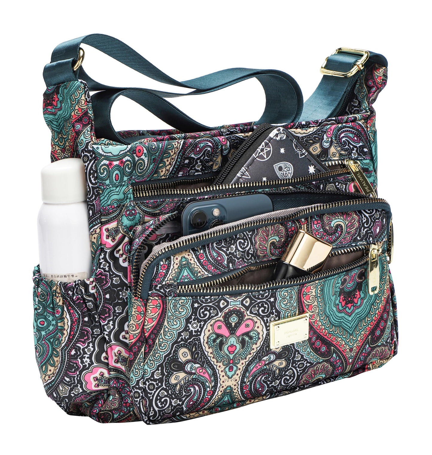 Pealwel Women Shoulder Handbag Roomy Multiple Pockets Bag Ladies Crossbody Purse Tote Top Handle Satchel(SS-Black&Blue)