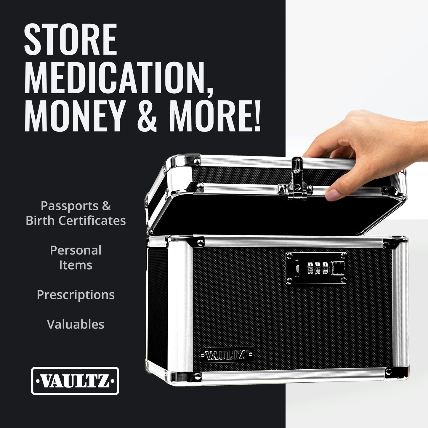 Vaultz Secure Security Lock Boxes - Safe Combination Lock Box, Storage for Documents, Valuables, Medicine & Money - 9.88 x 7.75 x 7 Inch - Black/Chrome