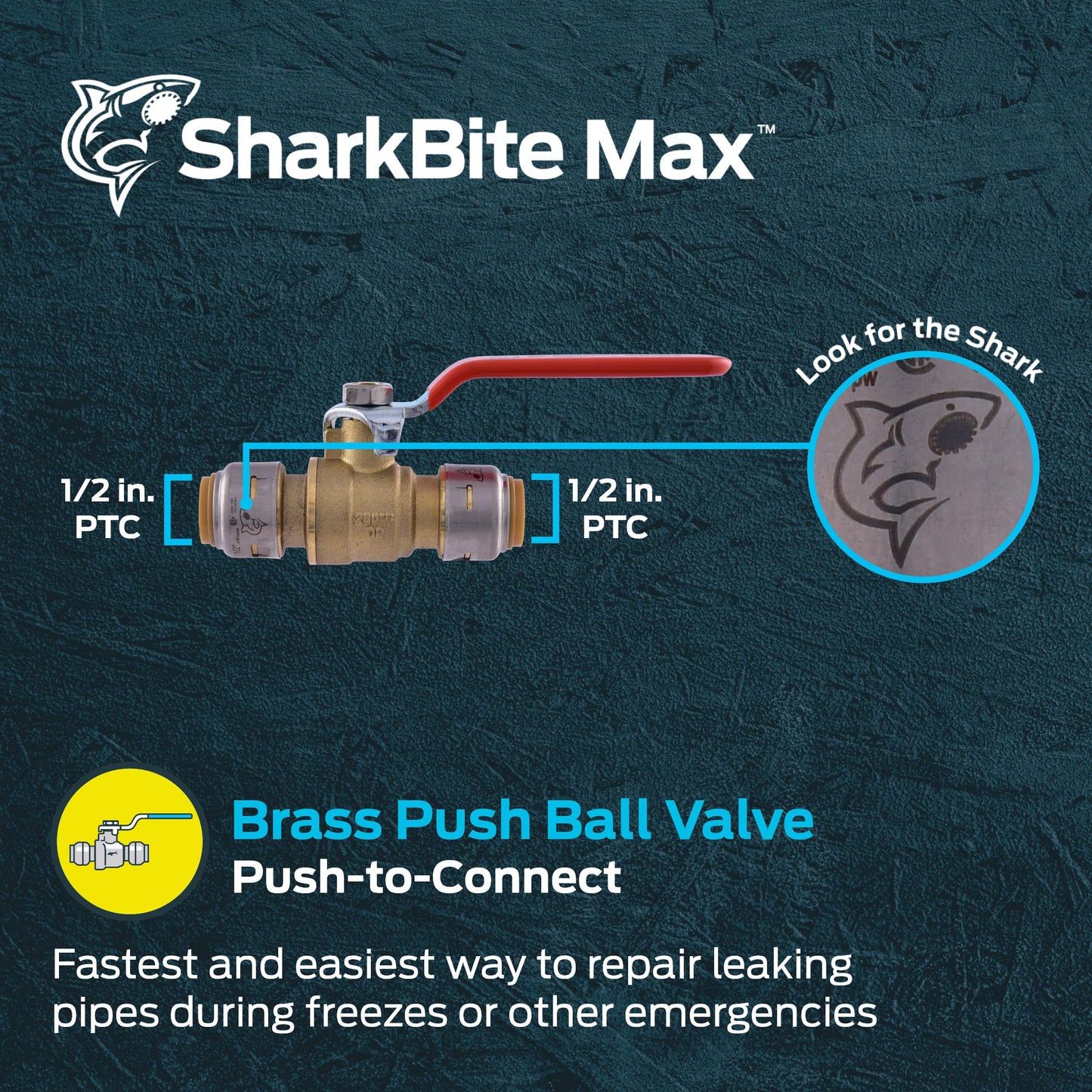 SharkBite Max 1/2 x 1/2 Inch Ball Valve, Push To Connect Brass Water Shut-Off Plumbing Fitting, UR22222