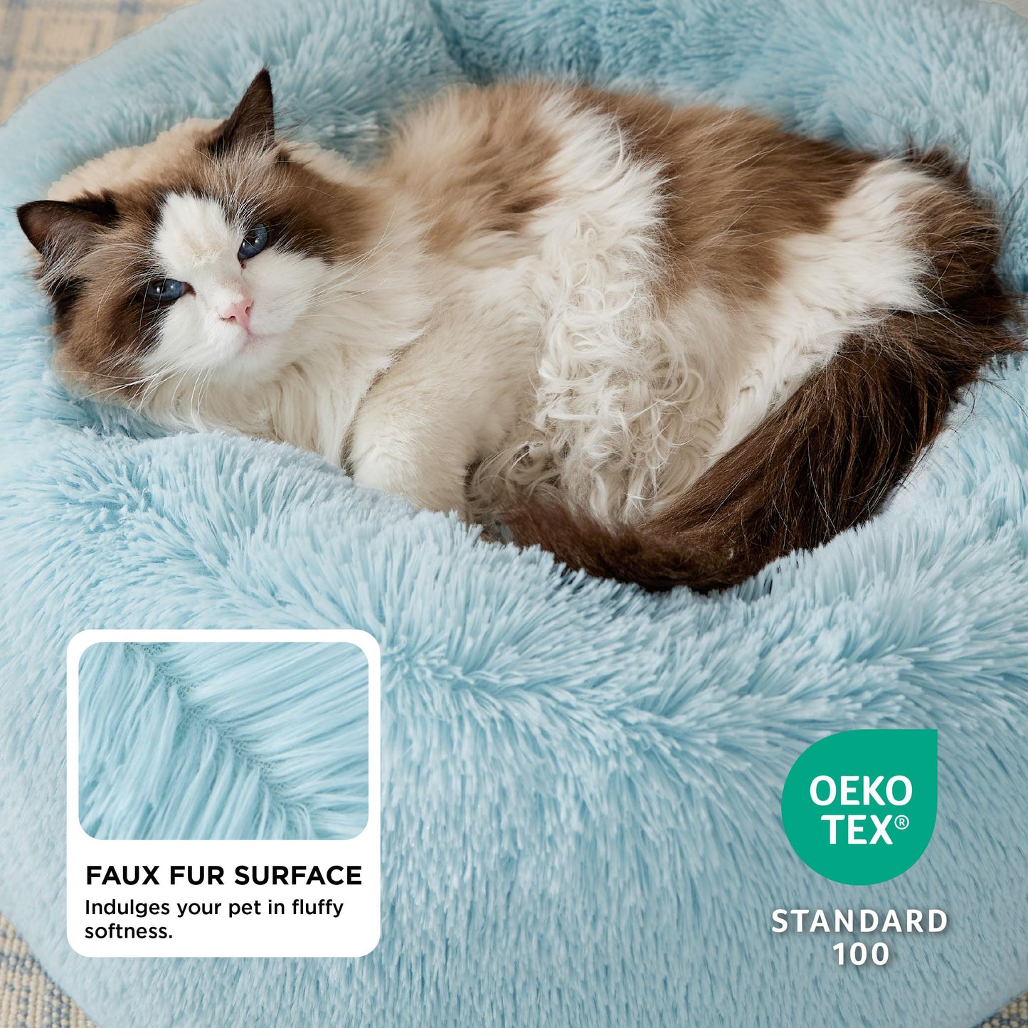 Bedsure Calming Cat Beds for Indoor Cats - Small Cat Bed Washable 20 inches, Anti-Slip Round Fluffy Plush Faux Fur Pet Bed, Fits up to 15 lbs Pets, Aqua Blue