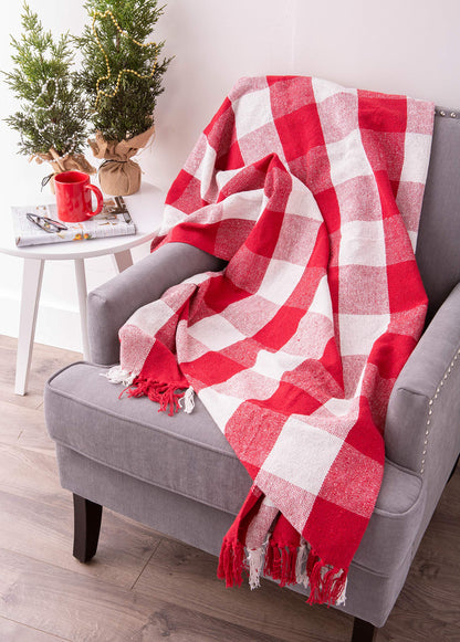 DII Buffalo Check Collection Rustic Farmhouse Throw Blanket with Tassles, 50x60, Red/White