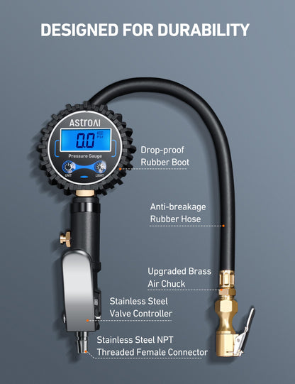 AstroAI Digital Tire Pressure Gauge with Inflator(3-250 PSI 0.1 for Display Resolution), Heavy Duty Air Chuck and Compressor Accessories with Rubber Hose and Quick Connect Coupler, Blue