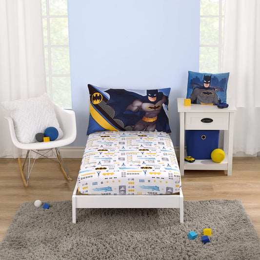 Warner Brothers Batman The Caped Crusader Blue, Gray, and Yellow Bat-Signal and Batmobile 2 Piece Toddler Sheet Set - Fitted Bottom Sheet and Reversible Pillowcase