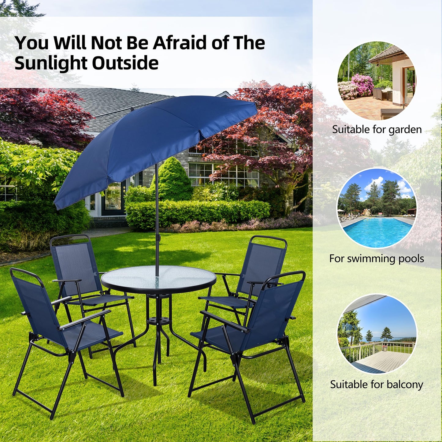 Vongrasig 6 Pieces Folding Patio Dining Set, All Weather Small Metal Outdoor Table and Chair Set, Garden Patio Furniture Set w/Umbrella, Glass Table & 4 Folding Chairs for Lawn, Backyard, Blue