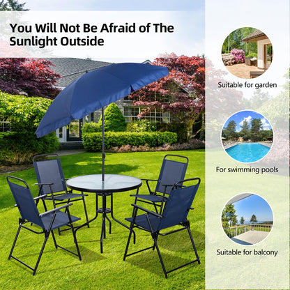 Vongrasig 6 Pieces Folding Patio Dining Set, All Weather Small Metal Outdoor Table and Chair Set, Garden Patio Furniture Set w/Umbrella, Glass Table & 4 Folding Chairs for Lawn, Backyard, Blue