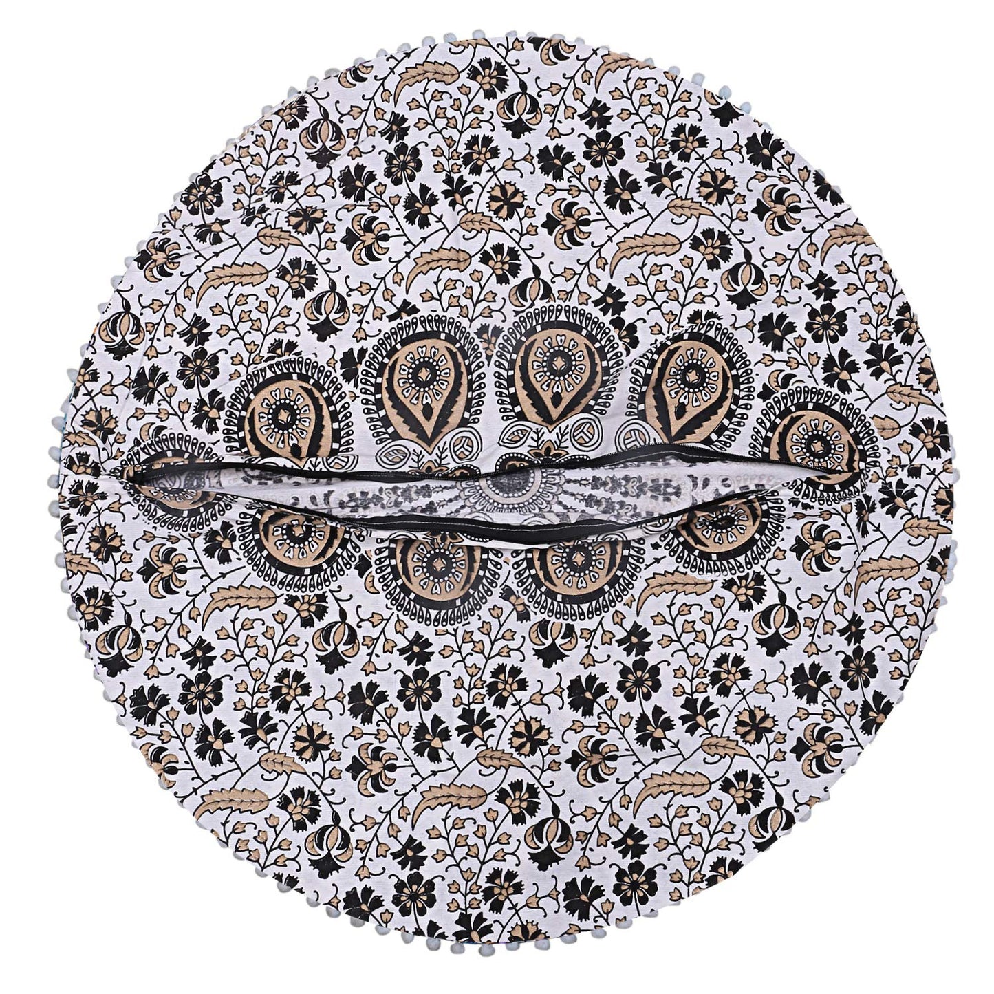 Shubhlaxmifashion Mandala Floor Pillow Cushion Seating Throw Cover Hippie Decorative Bohemian Ottoman Poufs, Pom Pom Pillow Cases,Boho Indian (32 Inches, Gold Black)