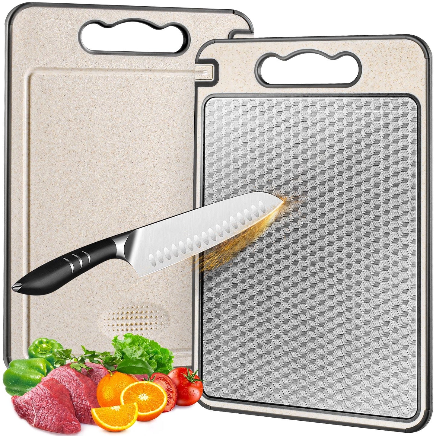 Stainless Steel Cutting Board for Kitchen, Non Toxic Large Chopping Board Double Sided Non-slip Scratch-resistant Mesh Design with Juice Groove Food-Grade Wheat Straw PP 15×10 In Easy to Clean