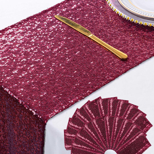 ShinyBeauty Burgundy Table Runner 108 Inches Long Sequin Table Runners 20 Packs Sparkle Maroon Runner for Party Dinning Outdoor Cake Tables Christmas Decor(12X108Inch)