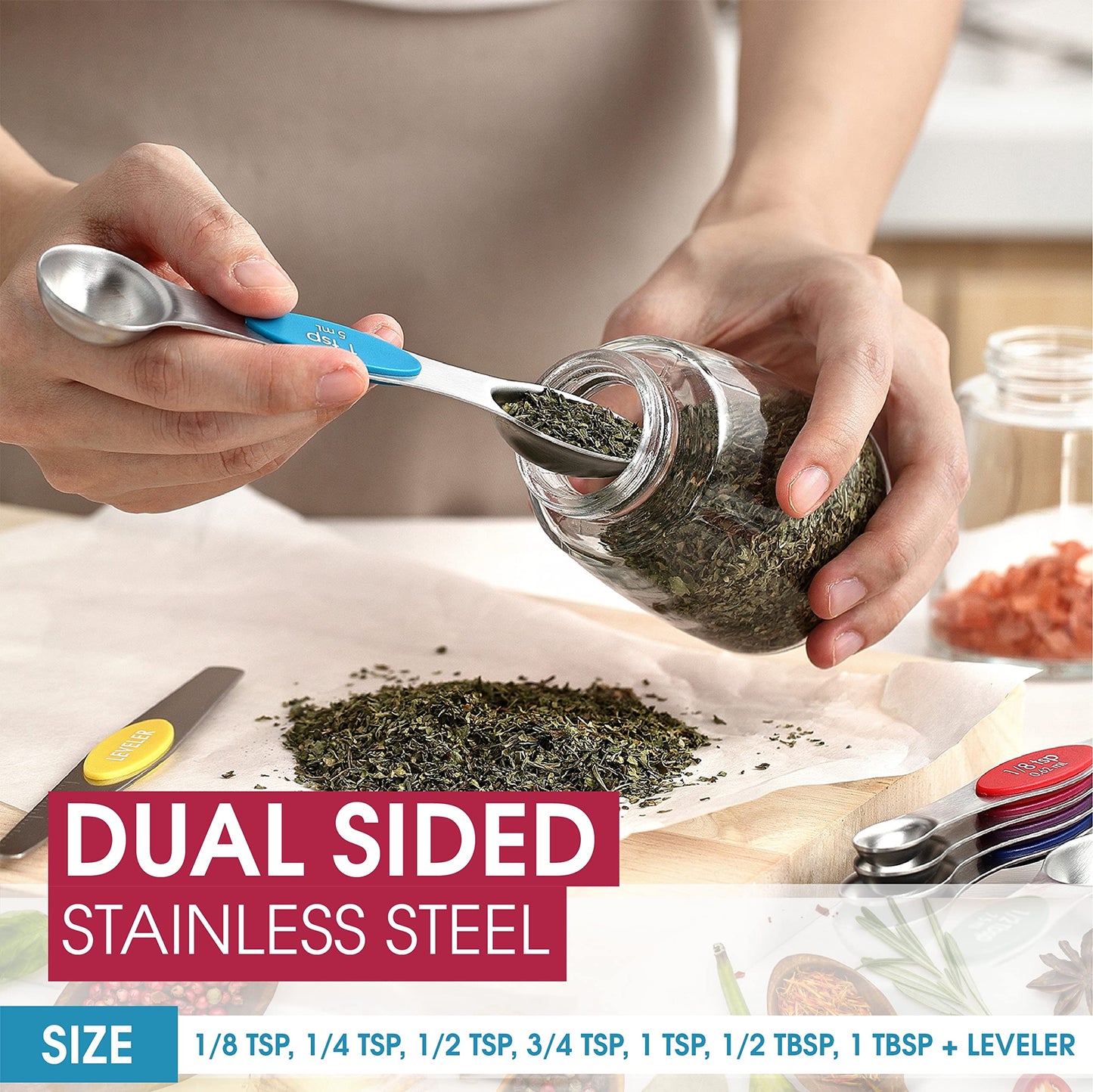 Spring Chef Stainless Steel Magnetic Measuring Spoons Set with Strong Magnets, Heavy Duty Metal Kitchen Essentials - Fits in Most Kitchen Spice Jars, Multicolor, Set of 8 with Leveler