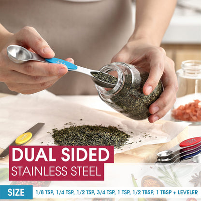 Spring Chef Stainless Steel Magnetic Measuring Spoons Set with Strong Magnets, Heavy Duty Metal Kitchen Essentials - Fits in Most Kitchen Spice Jars, Multicolor, Set of 8 with Leveler