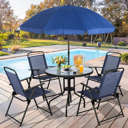 Vongrasig 6 Pieces Folding Patio Dining Set, All Weather Small Metal Outdoor Table and Chair Set, Garden Patio Furniture Set w/Umbrella, Glass Table & 4 Folding Chairs for Lawn, Backyard, Blue