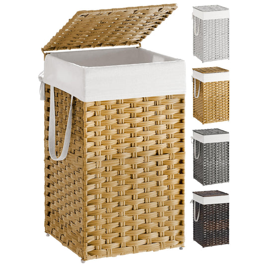 SONGMICS Laundry Hamper with Lid, 17.2 Gallon (65 L) Synthetic Rattan Clothes Laundry Basket with Lid and Handles, Foldable, Removable Liner, Goose Yellow ULCB165N01
