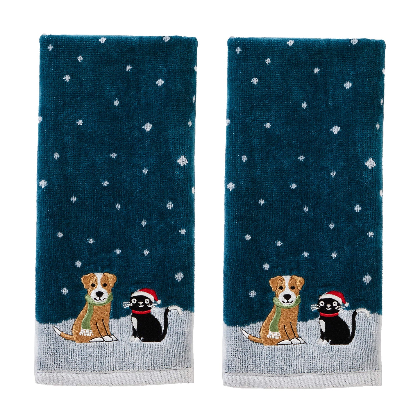SKL Home Christmas/Winter Cat & Dog Hand Towel 2pc Set for Bath/Kitchen & Gift, Teal