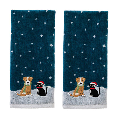 SKL Home Christmas/Winter Cat & Dog Hand Towel 2pc Set for Bath/Kitchen & Gift, Teal
